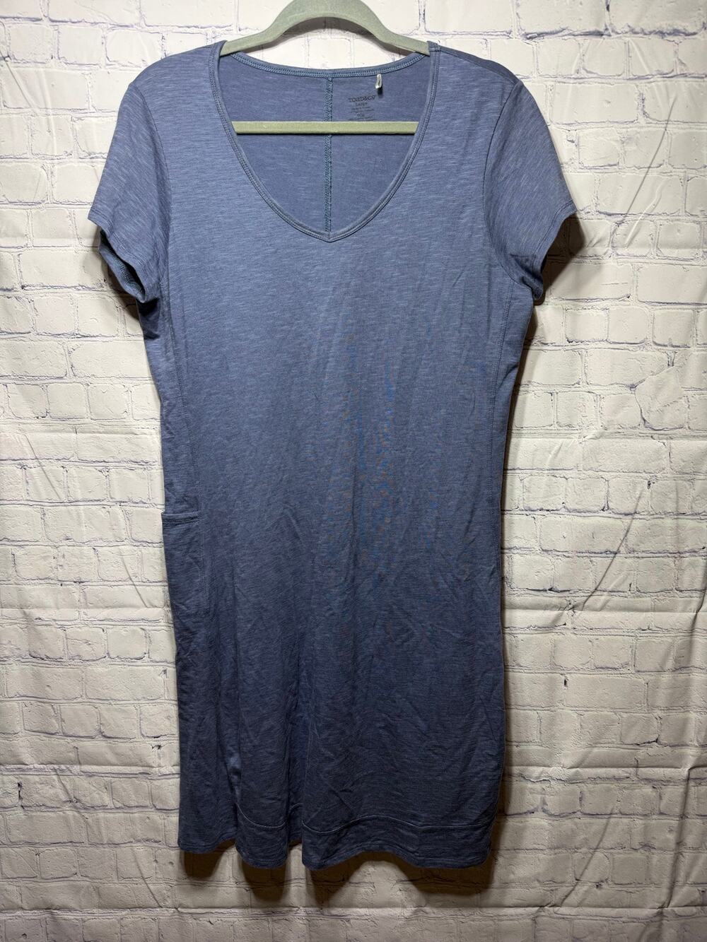 Toad&Co V-Neck Micro Striped Short Sleeve Tee Shirt Dress Blue Sz L Organic